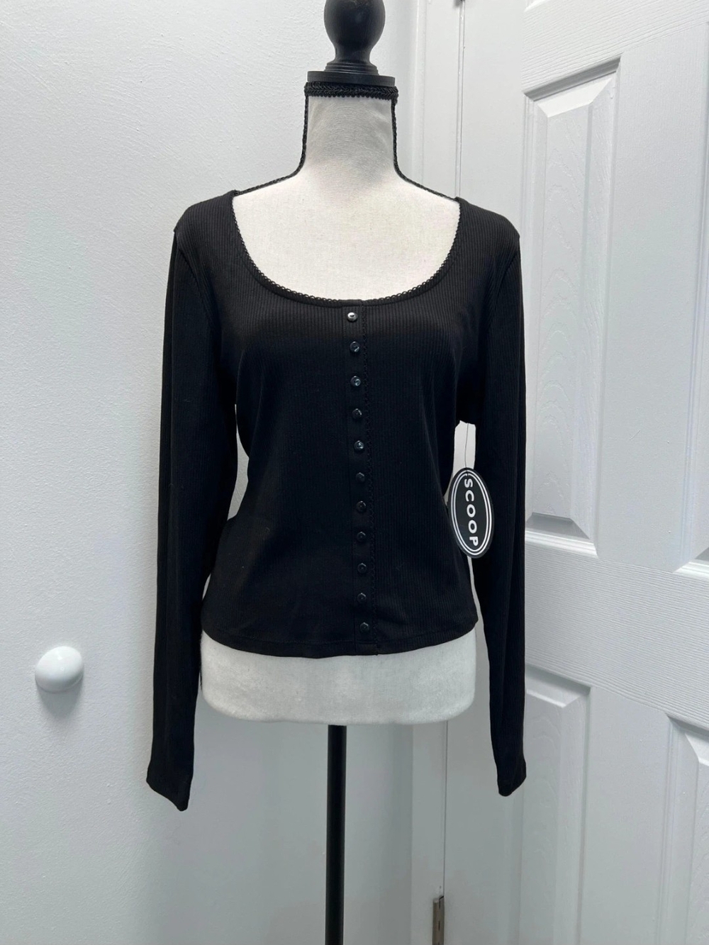 Scoop Black Ribbed Button-Front Long Sleeve Top